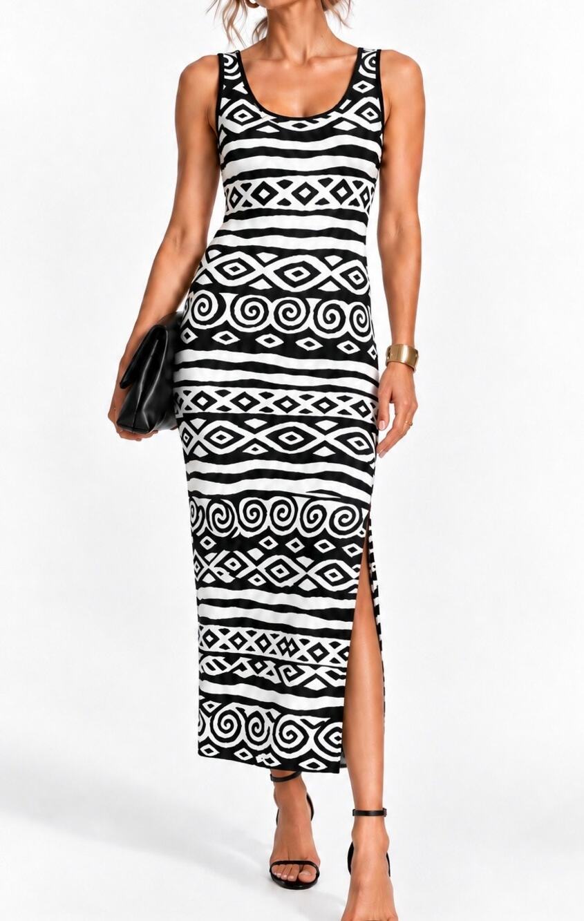Vintage St. John Sport Black and White Geometric Knit Dress Small